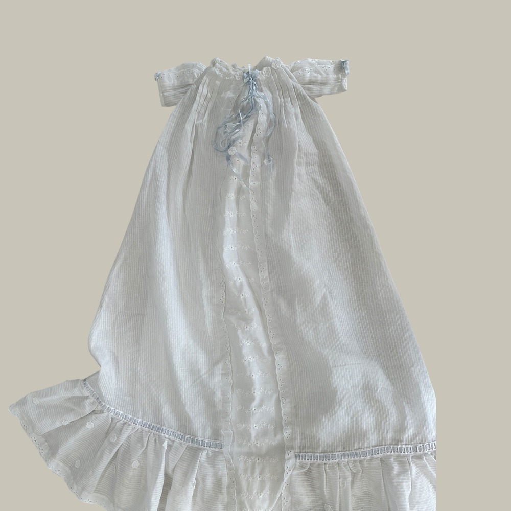 Vintage‎ White Eyelet Lace Christening Gown Blue Ribbon Baptism Dress